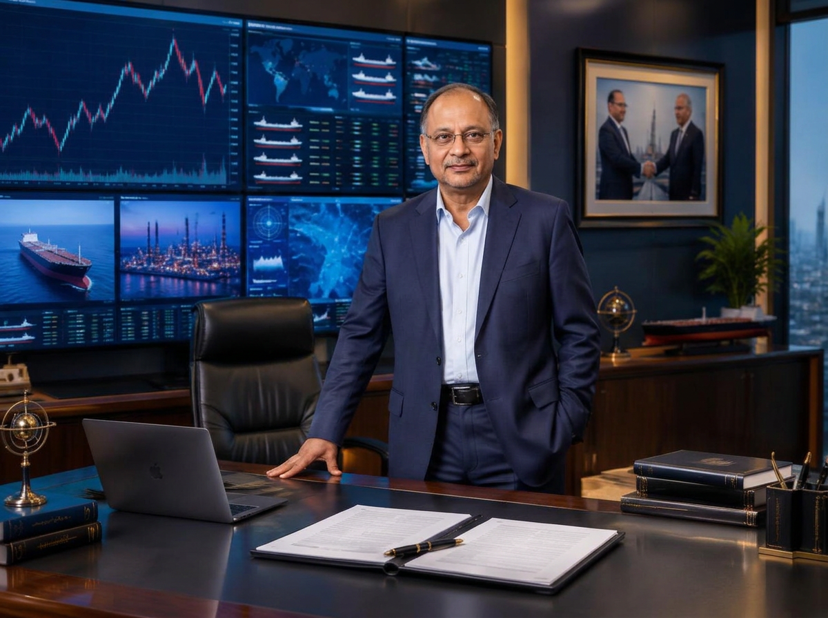 PANKAJ MANCHANDA in a crude oil trading suite with live price charts, legal agreement documents and a framed merger handshake photograph on the desk