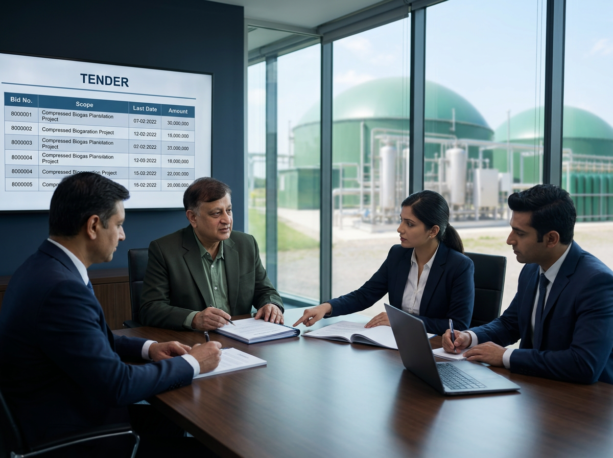 PANKAJ MANCHANDA chairing a legal JV agreement discussion with colleagues, tender summary on the screen, compressed biogas plant visible beyond the glass wall